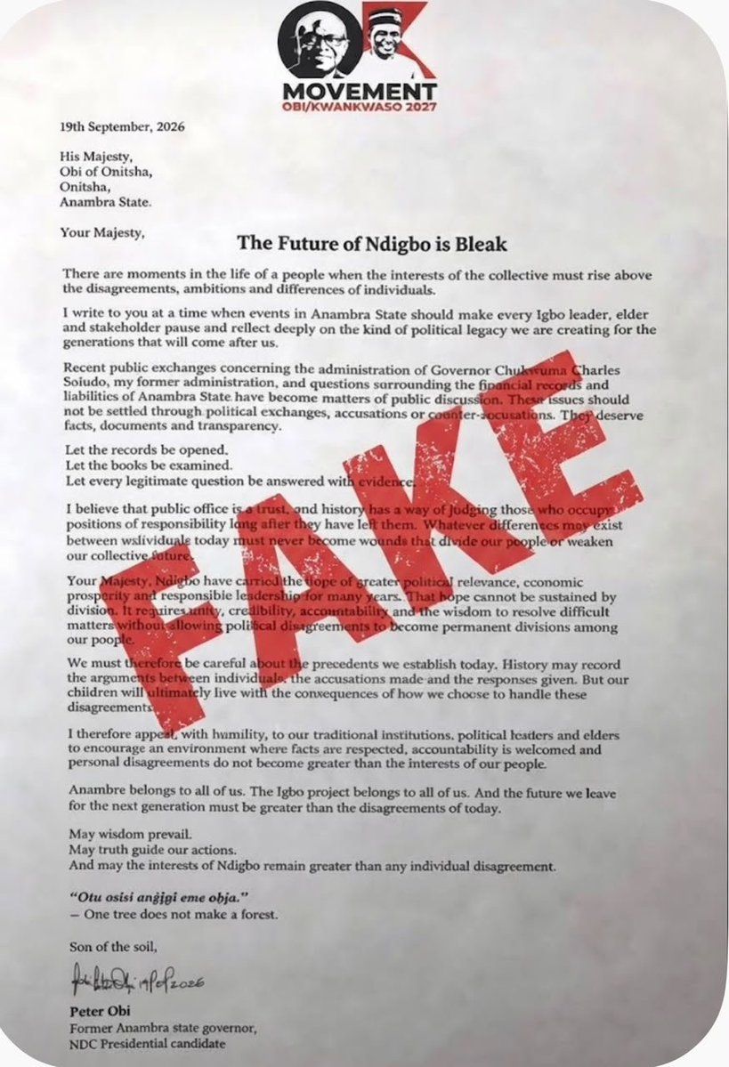 The letter headed “The Future of Ndigbo is Bleak”, addressed to the Obi of Onitsha on OK Movement letterhead, with the word FAKE stamped across it in red