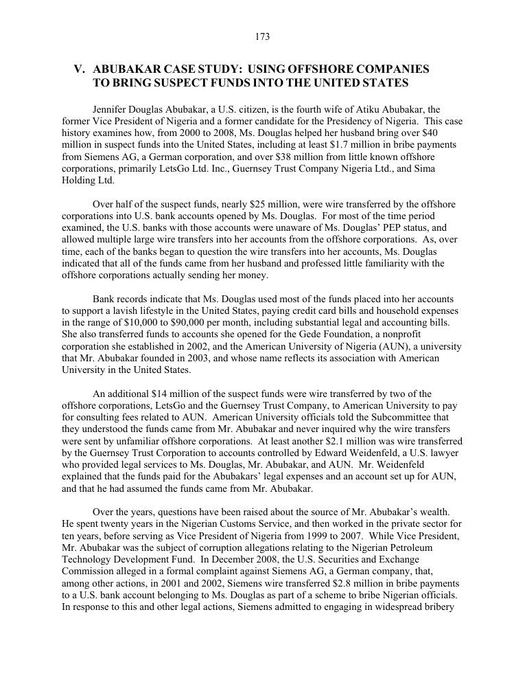 Page 173 of the 2010 U.S. Senate Permanent Subcommittee on Investigations staff report, headed “Abubakar case study: using offshore companies to bring suspect funds into the United States”