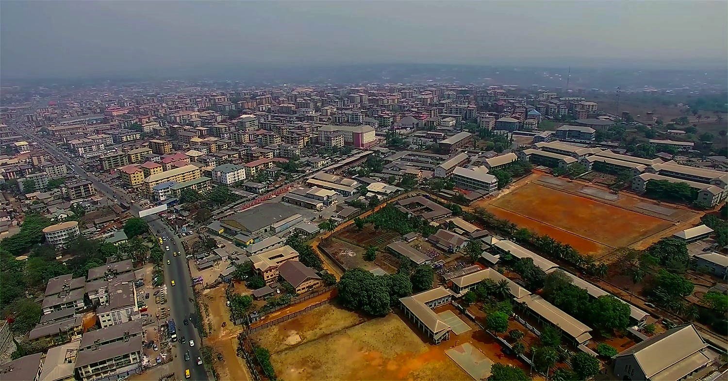 Aerial view over the rooftops of Onitsha, Anambra State